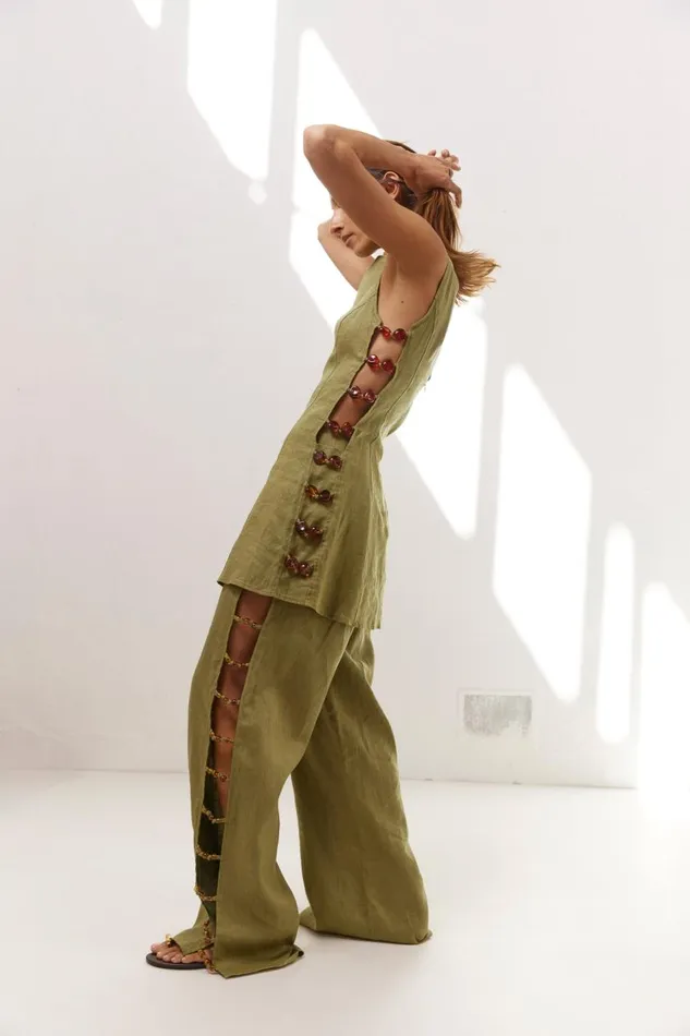 Mini Dresses Women VRG GRL Tia Linen Mini Dress Olive Mini Dresses Women VRG GRL Tia Linen Mini Dress Olive