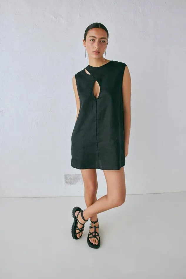 Mini Dresses Women VRG GRL Yuri Linen Mini Dress Black Mini Dresses Women VRG GRL Yuri Linen Mini Dress Black
