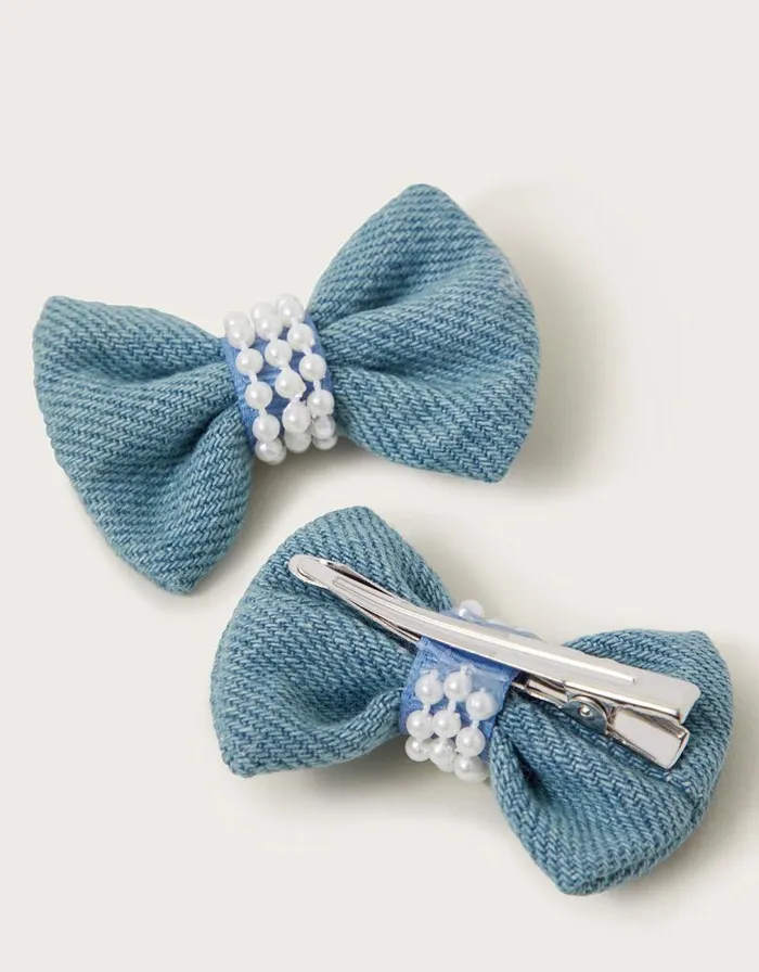 Monsoon 2Pack Pearl Denim Bow Clips Children Girls039 Hair Accessories Monsoon 2Pack Pearl Denim Bow Clips Children Girls039 Hair Accessories