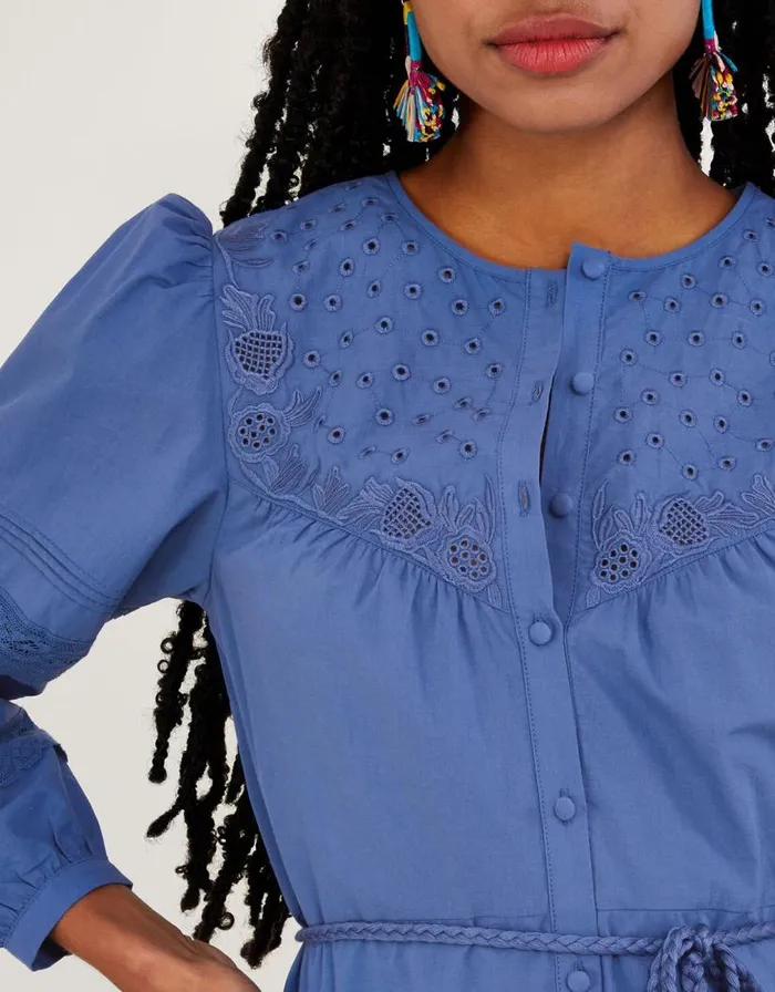 Monsoon Bib Embroidered Detail Dress In Sustainable Cotton Blue Women Casualwear Monsoon Bib Embroidered Detail Dress In Sustainable Cotton Blue Women Casualwear