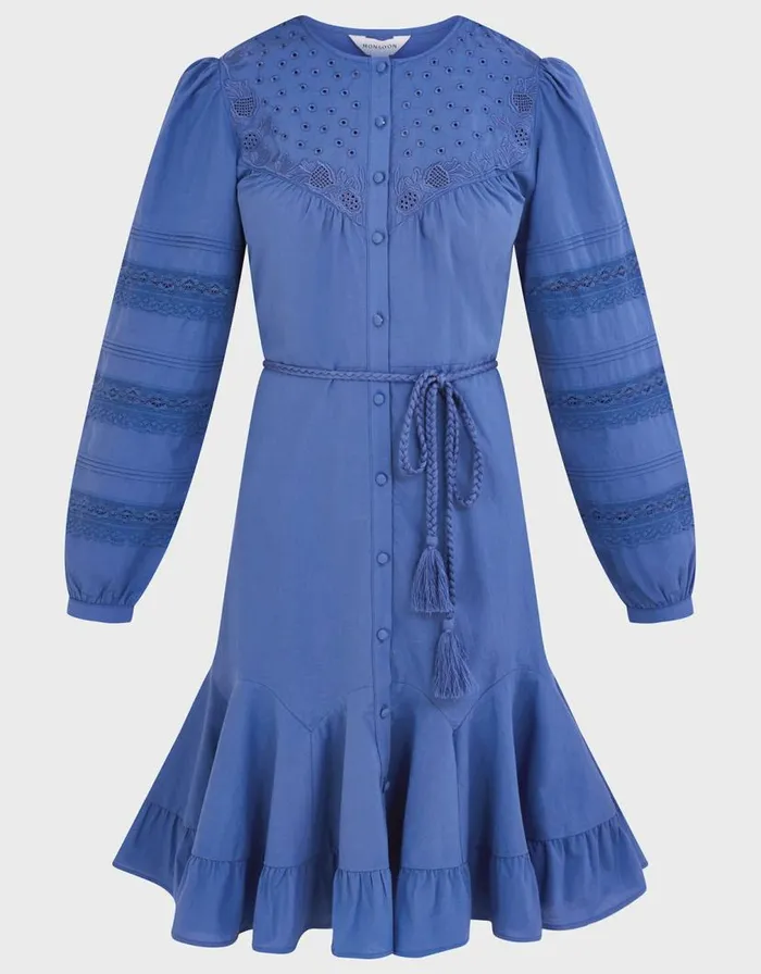 Monsoon Bib Embroidered Detail Dress In Sustainable Cotton Blue Women Casualwear Monsoon Bib Embroidered Detail Dress In Sustainable Cotton Blue Women Casualwear