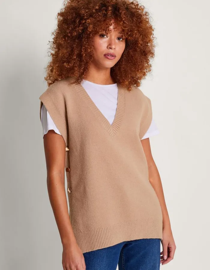 Monsoon Billie Button Side Tabard Camel Women Knitwear
