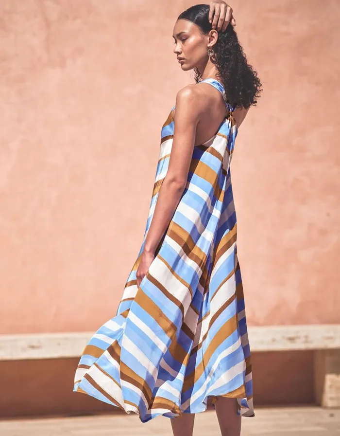 Monsoon Byrdie Stripe Dress Blue Women Midi Dresses