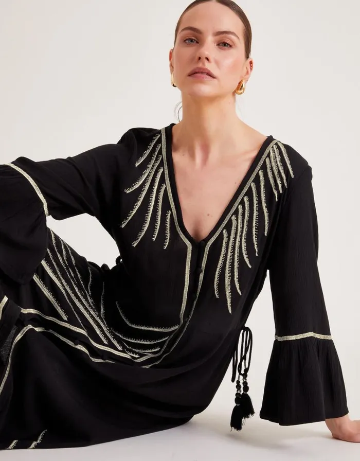 Monsoon Cali Embroidered Leaf Kaftan Dress Black Women Beachwear and Swimwear Monsoon Cali Embroidered Leaf Kaftan Dress Black Women Beachwear and Swimwear