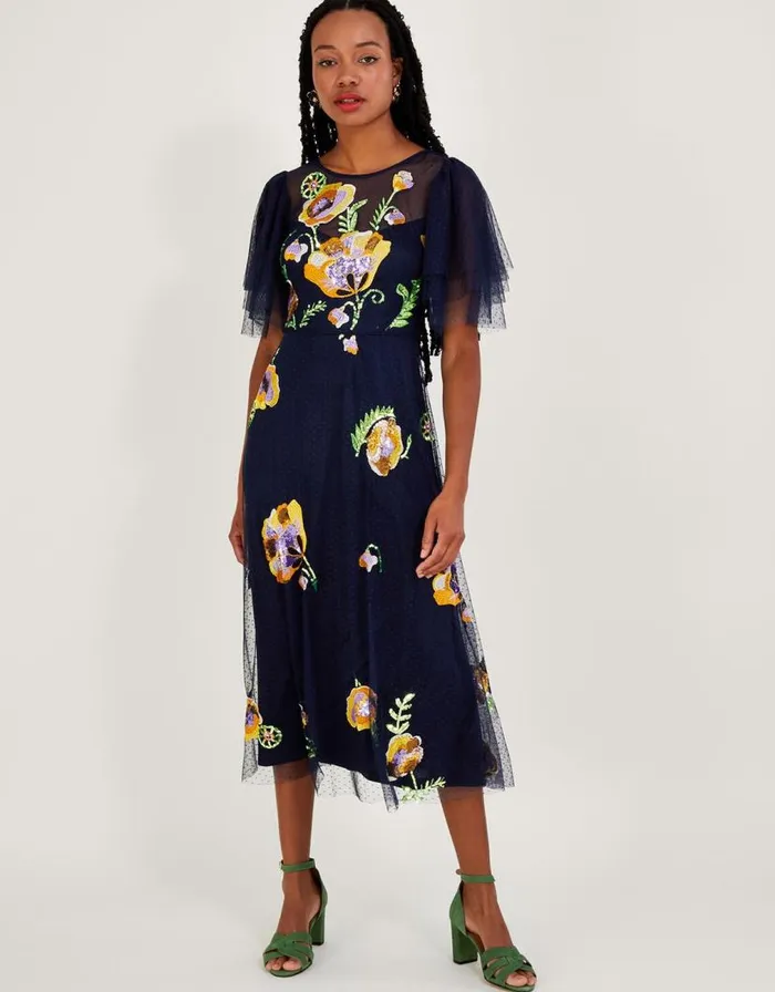 Monsoon Claudia Embellished Midi Dress Blue Women Occasionwear