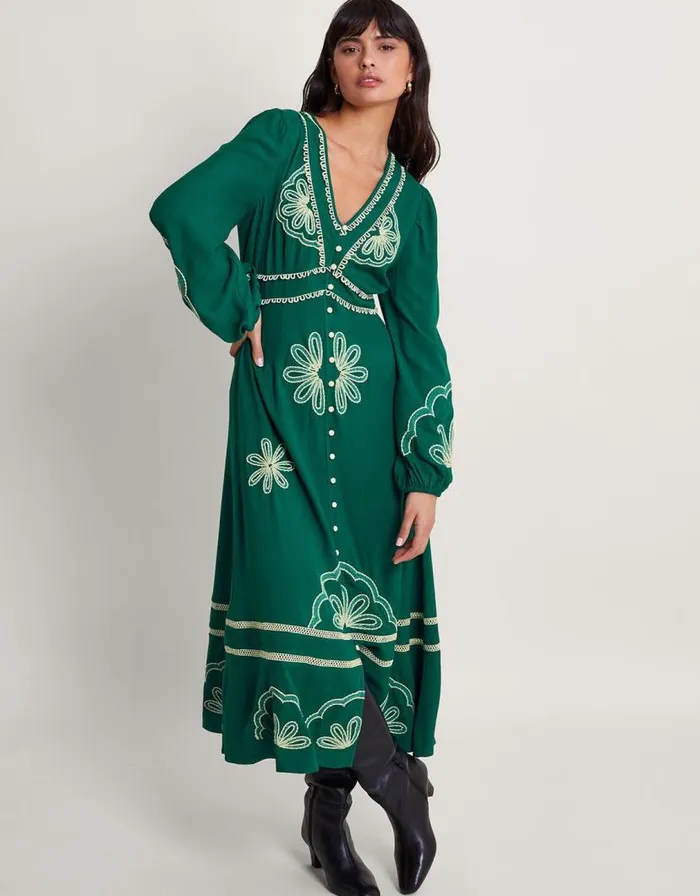 Monsoon Clio Embroidered Dress Green Women Day Dresses