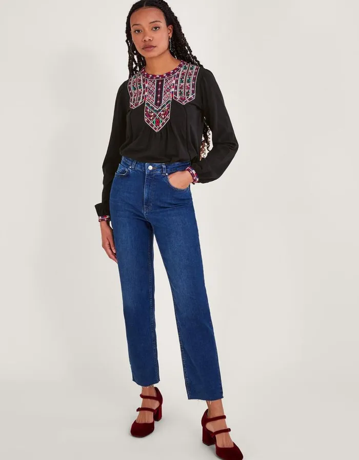Monsoon Embroidered Jersey Top Black Women Tops and Blouses