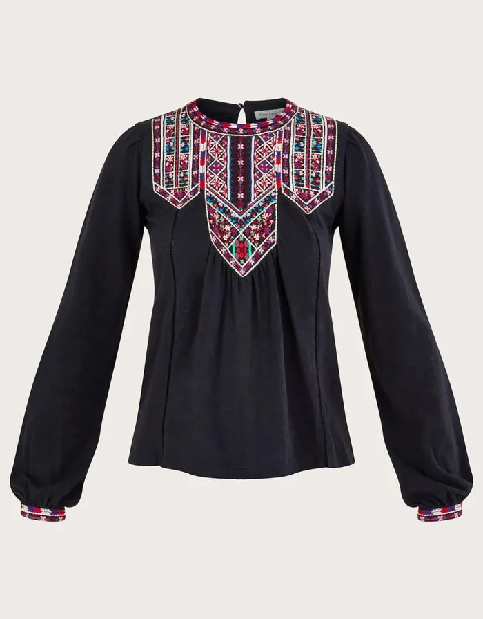 Monsoon Embroidered Jersey Top Black Women Tops and Blouses