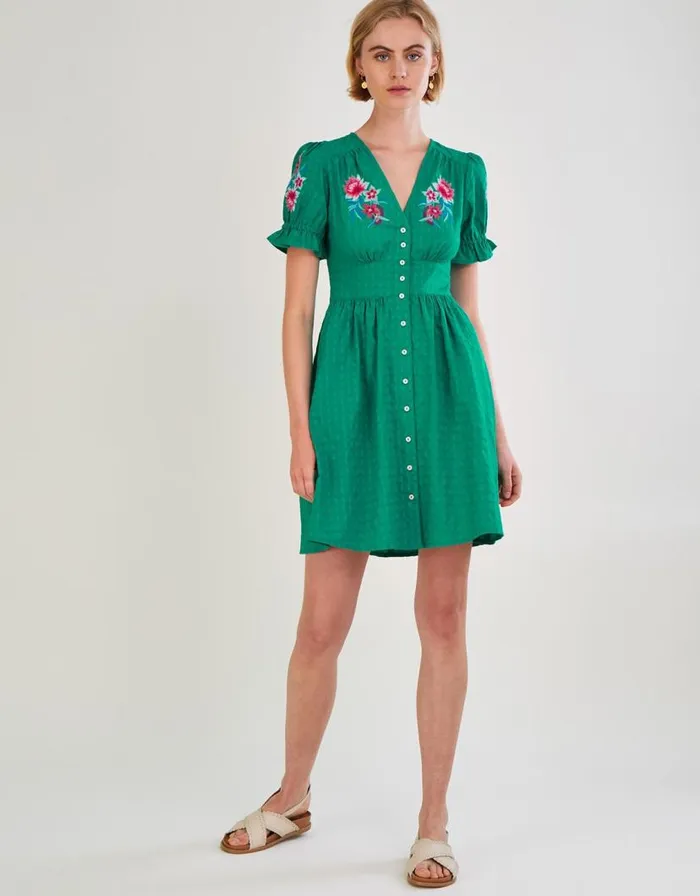 Monsoon Embroidered Knee Length Dress In Sustainable Cotton Green Women Beachwear and Swimwear Monsoon Embroidered Knee Length Dress In Sustainable Cotton Green Women Beachwear and Swimwear