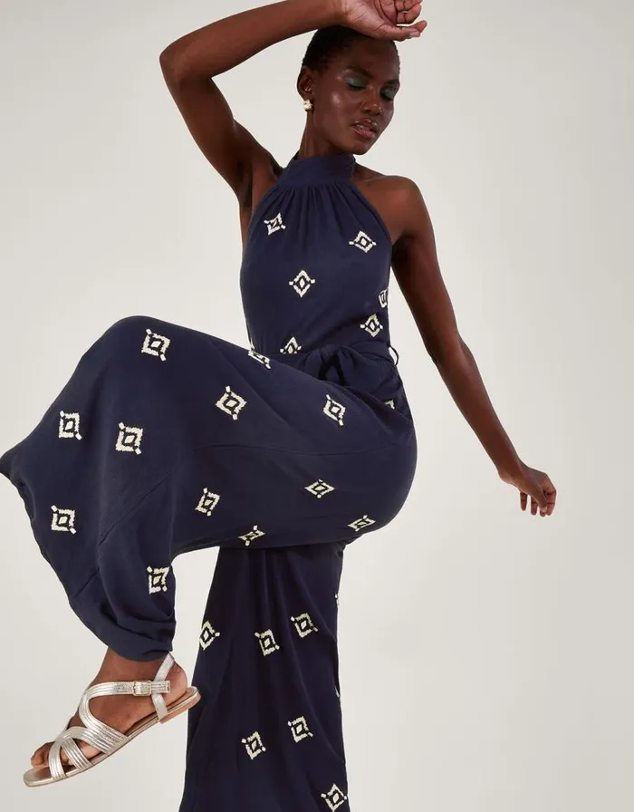Monsoon Embroidered Motif Halter Neck Jumpsuit Blue Women Beachwear and Swimwear