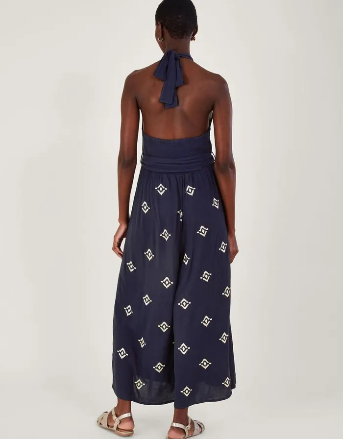 Monsoon Embroidered Motif Halter Neck Jumpsuit Blue Women Beachwear and Swimwear