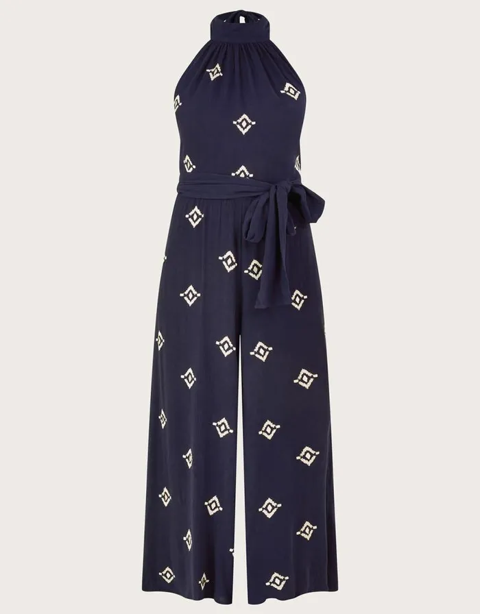 Monsoon Embroidered Motif Halter Neck Jumpsuit Blue Women Beachwear and Swimwear