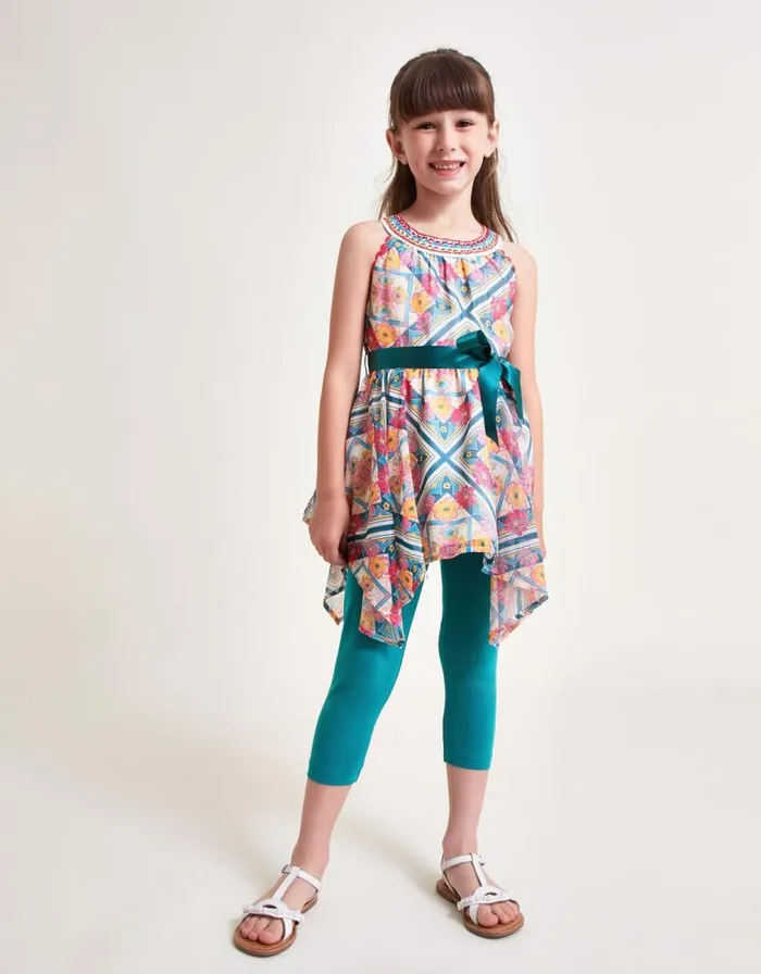 Monsoon Hanky Hem Print Top And Leggings Set Teal Children Sets and Outfits