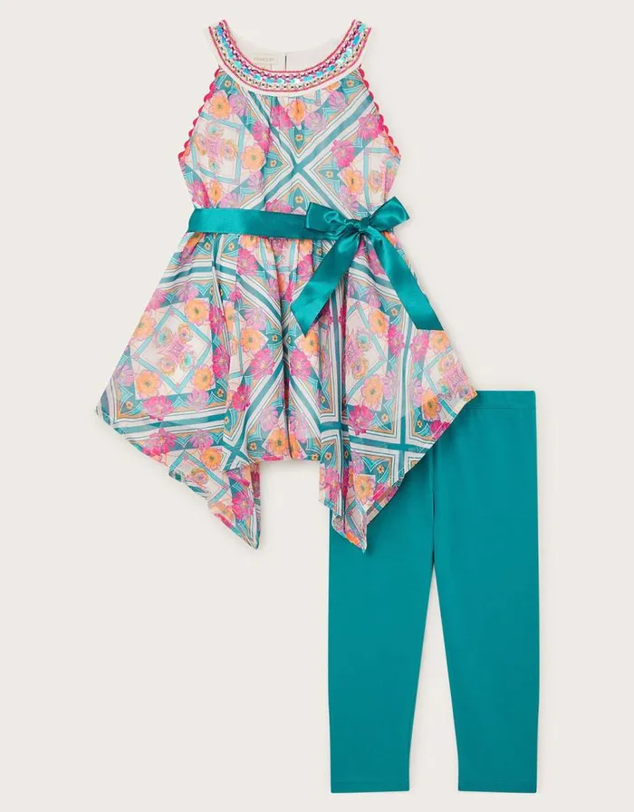 Monsoon Hanky Hem Print Top And Leggings Set Teal Children Sets and Outfits Monsoon Hanky Hem Print Top And Leggings Set Teal Children Sets and Outfits