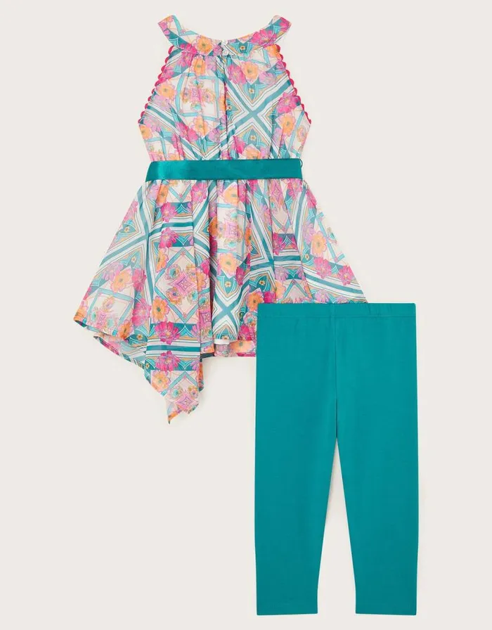 Monsoon Hanky Hem Print Top And Leggings Set Teal Children Sets and Outfits Monsoon Hanky Hem Print Top And Leggings Set Teal Children Sets and Outfits