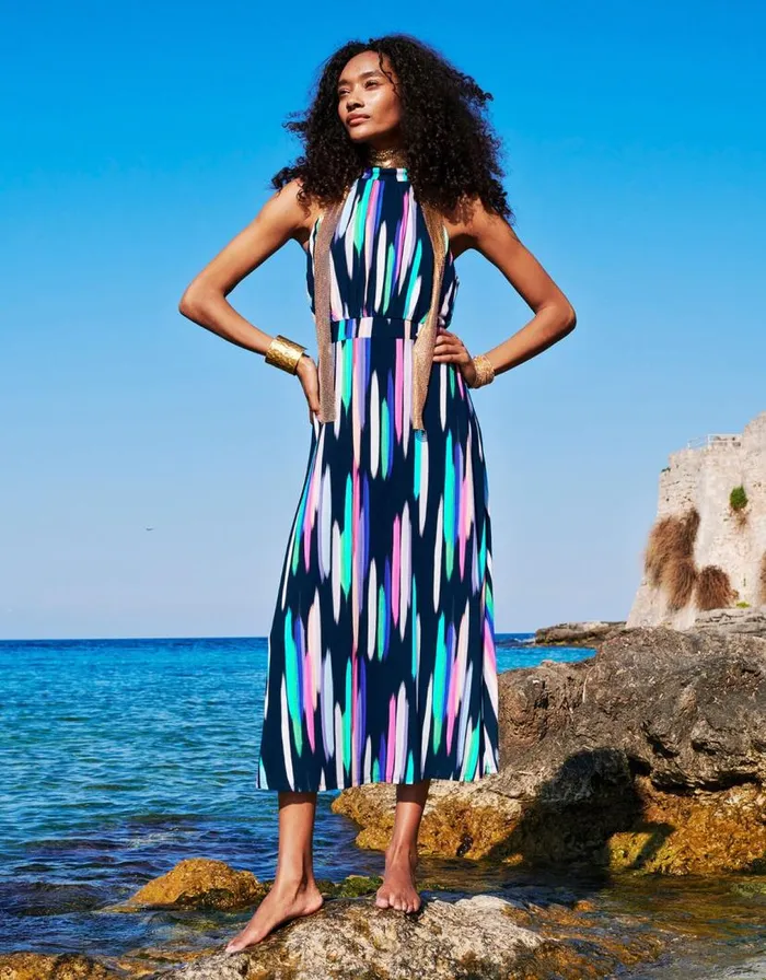 Monsoon Holly Print Halter Neck Maxi Dress Blue Women Midi Dresses
