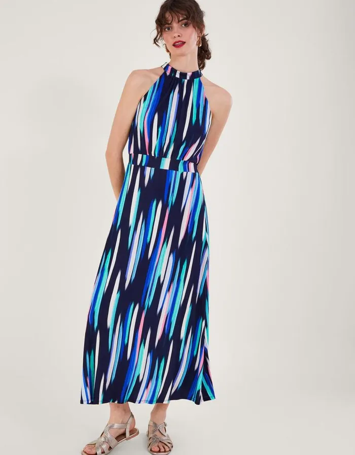 Monsoon Holly Print Halter Neck Maxi Dress Blue Women Midi Dresses Monsoon Holly Print Halter Neck Maxi Dress Blue Women Midi Dresses