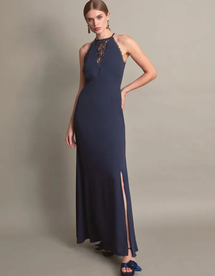 Monsoon Jackie Lace Halter Dress Blue Women Occasionwear