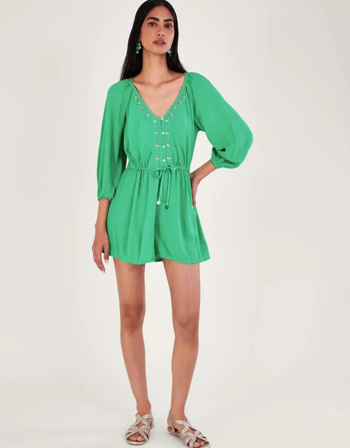 Monsoon Long Sleeve Embellished Romper Green Women Beachwear and Swimwear Monsoon Long Sleeve Embellished Romper Green Women Beachwear and Swimwear