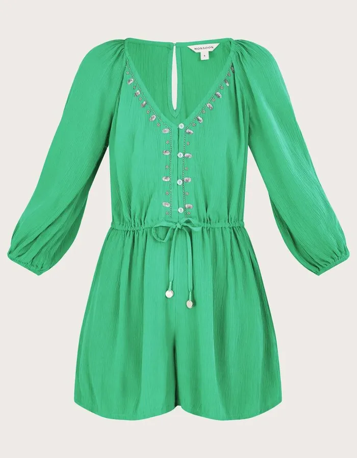 Monsoon Long Sleeve Embellished Romper Green Women Beachwear and Swimwear Monsoon Long Sleeve Embellished Romper Green Women Beachwear and Swimwear