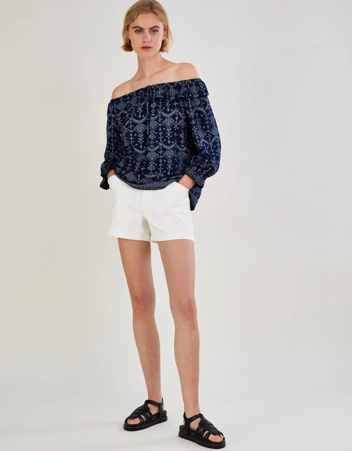 Monsoon Off Shoulder Frill Jersey Top Blue Women Tops and Blouses