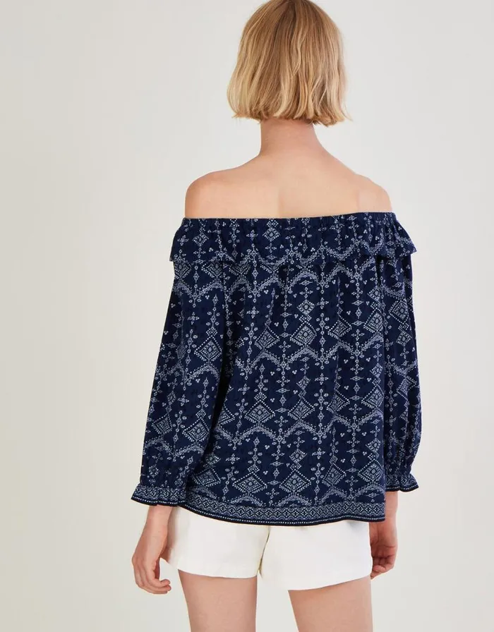 Monsoon Off Shoulder Frill Jersey Top Blue Women Tops and Blouses