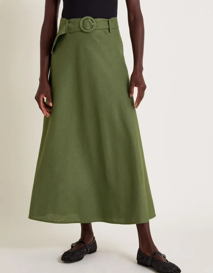 Monsoon Olive Belted Midi Skirt Green Women Linen