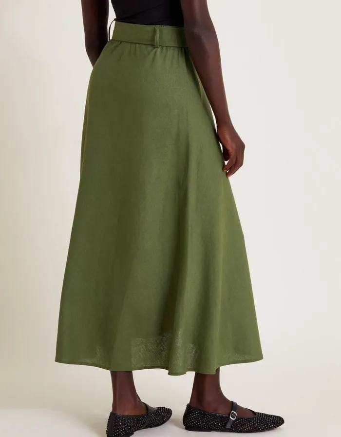 Monsoon Olive Belted Midi Skirt Green Women Linen