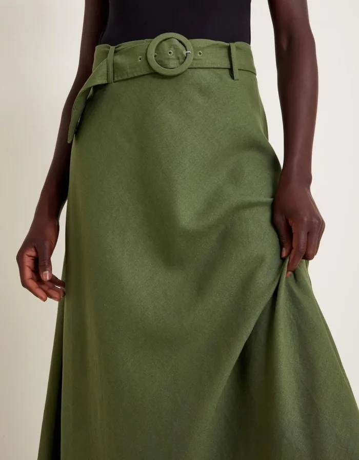 Monsoon Olive Belted Midi Skirt Green Women Linen