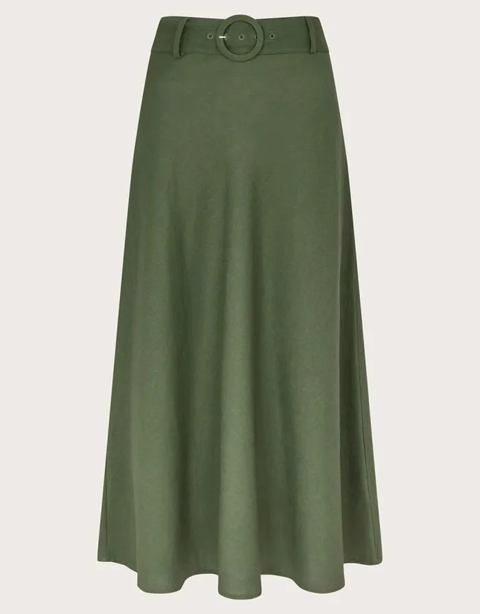 Monsoon Olive Belted Midi Skirt Green Women Linen