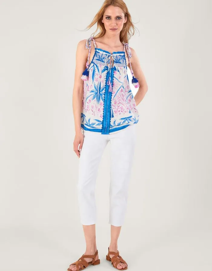 Monsoon Palm Print Beaded Cami Top In LENZING ECOVERO Blue Women Tops and Blouses Monsoon Palm Print Beaded Cami Top In LENZING ECOVERO Blue Women Tops and Blouses