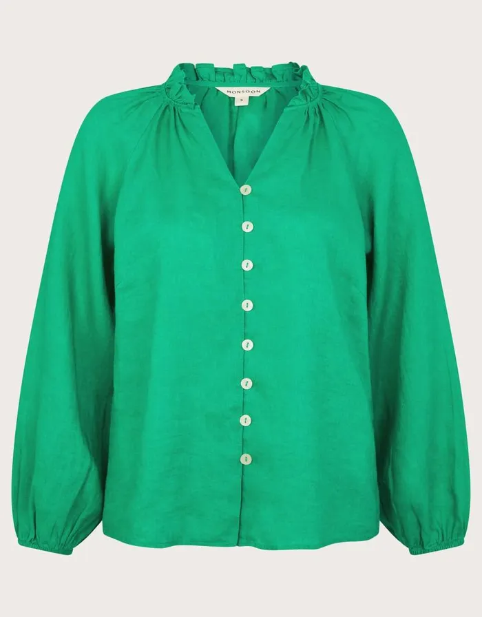 Monsoon Reine Frill Linen Blouse Green Women Tops and Blouses Monsoon Reine Frill Linen Blouse Green Women Tops and Blouses