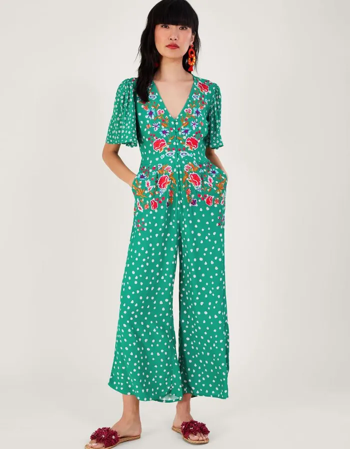Monsoon Rori Embroidered Jumpsuit In Sustainable Viscose Green Women Jumpsuits