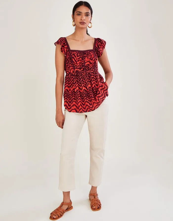 Monsoon Ruched Bodice ZigZag Animal Print Top Red Women Tops and Blouses Monsoon Ruched Bodice ZigZag Animal Print Top Red Women Tops and Blouses