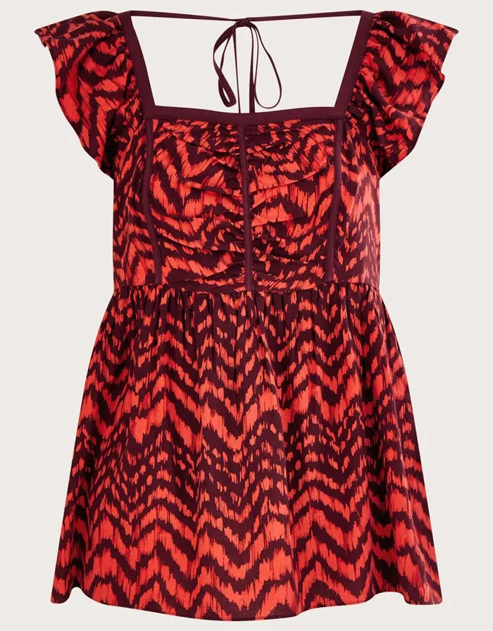 Monsoon Ruched Bodice ZigZag Animal Print Top Red Women Tops and Blouses Monsoon Ruched Bodice ZigZag Animal Print Top Red Women Tops and Blouses