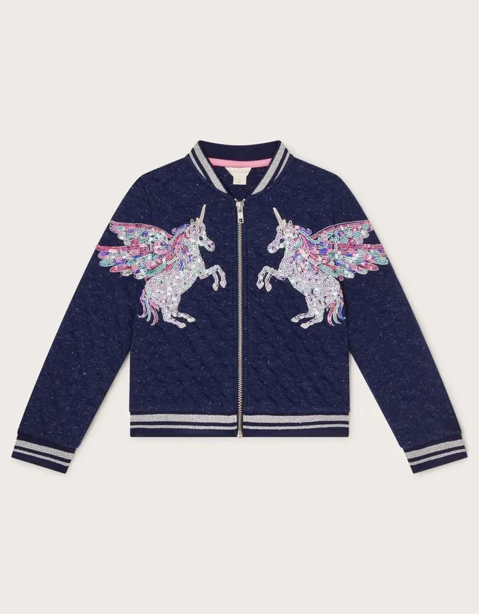 Monsoon Sequin Unicorn Quilted Bomber Jacket Blue Children Coats and Jackets Monsoon Sequin Unicorn Quilted Bomber Jacket Blue Children Coats and Jackets