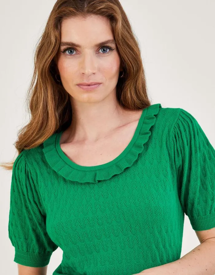 Monsoon Short Sleeve Ruffle Neck Jumper Green Women Knitwear Monsoon Short Sleeve Ruffle Neck Jumper Green Women Knitwear