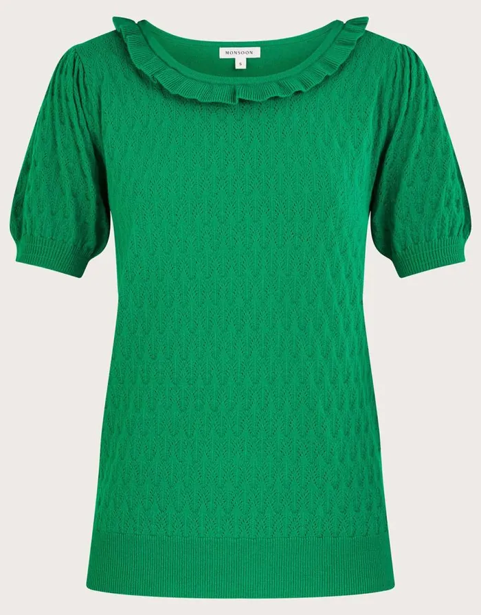 Monsoon Short Sleeve Ruffle Neck Jumper Green Women Knitwear Monsoon Short Sleeve Ruffle Neck Jumper Green Women Knitwear