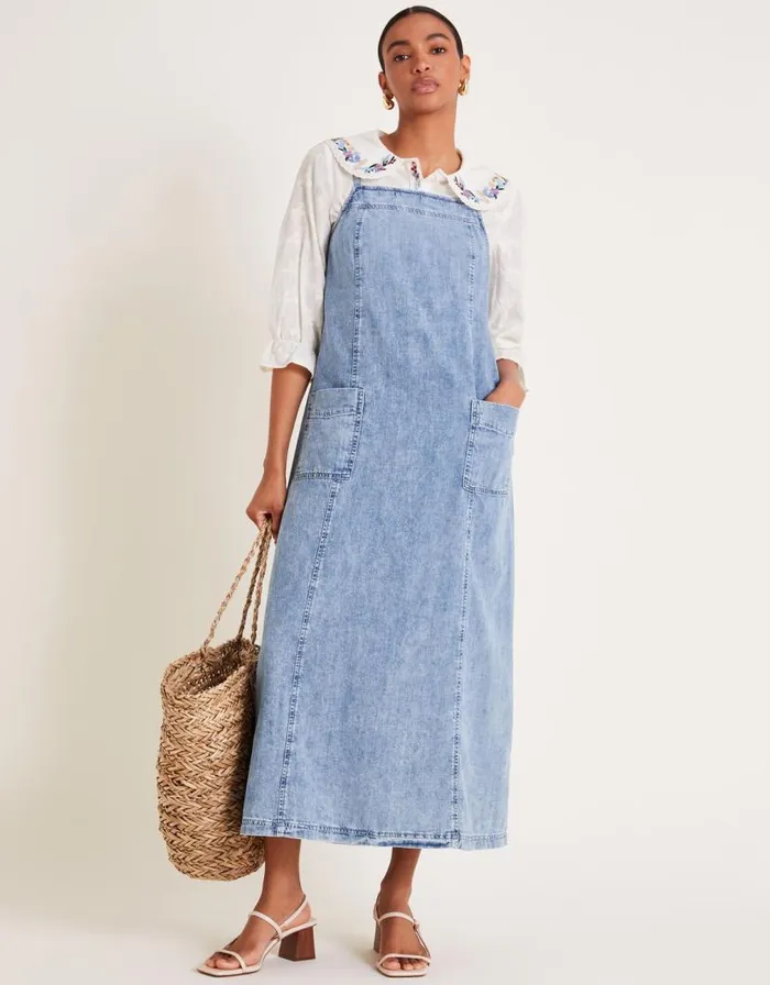 Monsoon Sian Denim Pinafore Midi Dress Blue Women Denim
