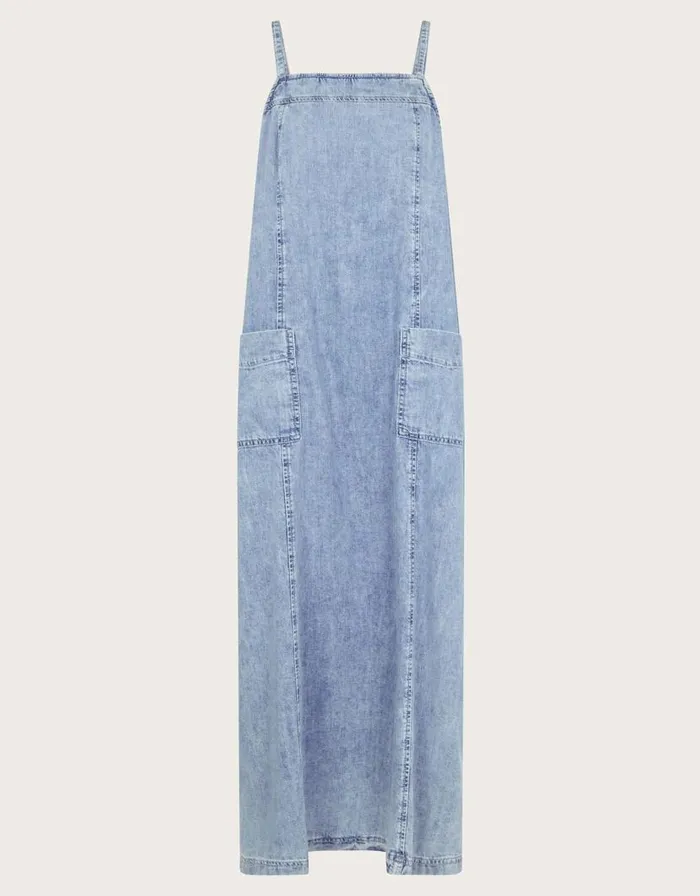 Monsoon Sian Denim Pinafore Midi Dress Blue Women Denim