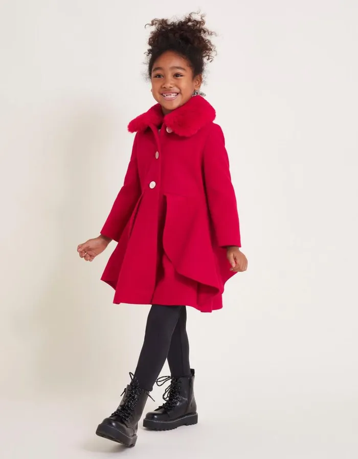 Monsoon Smart Ruffle Faux Fur Collar Coat Red Children Coats and Jackets