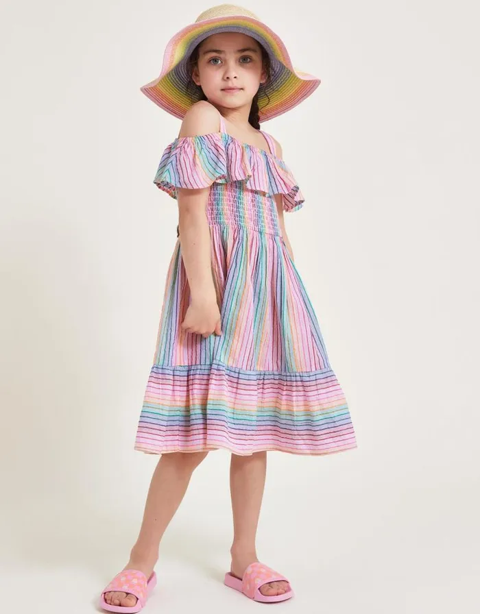 Monsoon Stripe Frill Beach Dress Ivory Children Dresses