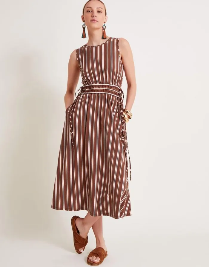 Monsoon Stripe Jersey Dress Brown Women Midi Dresses