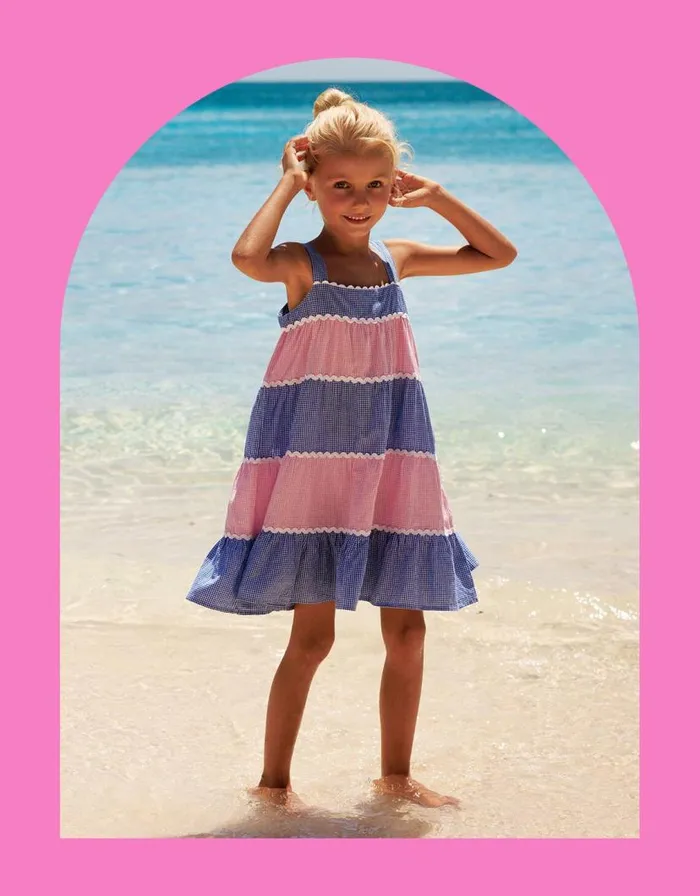 Monsoon Sunuva Gingham Tiered Dress Pink Children Dresses