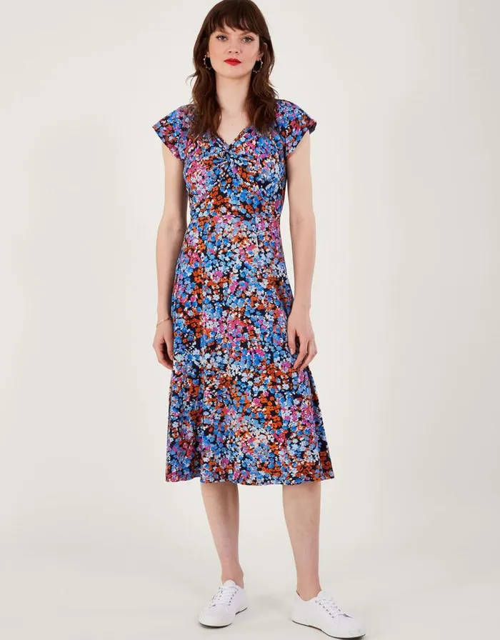 Monsoon Twist Detail Ditsy Print Jersey Dress Blue Women Midi Dresses