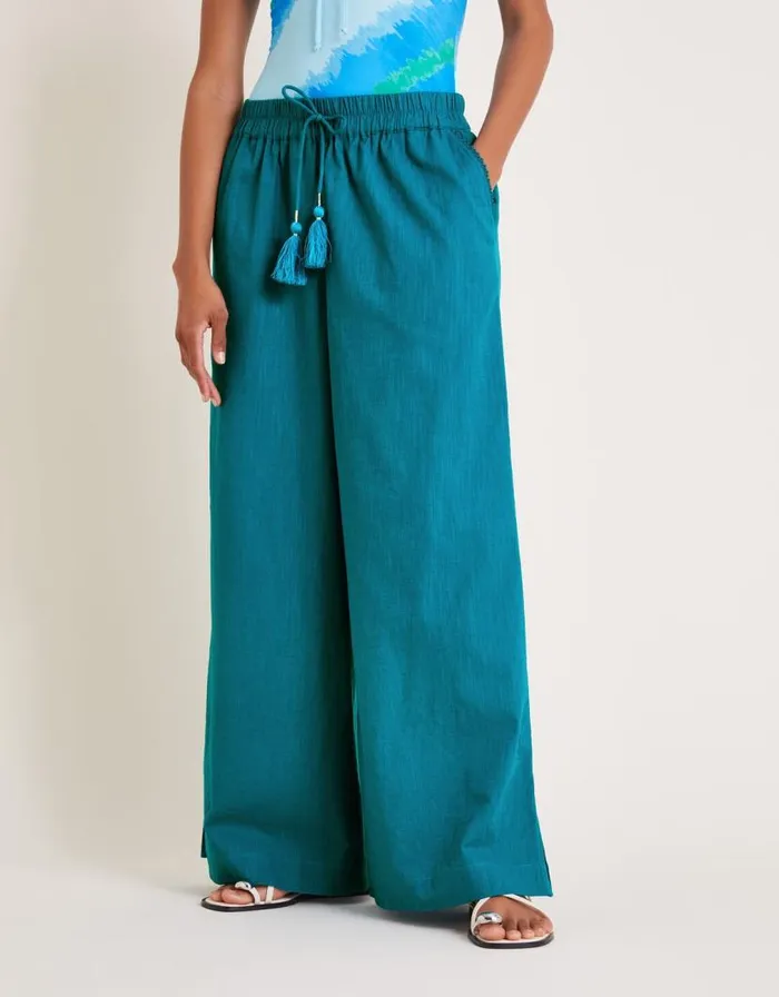 Monsoon Yara Plain Wide Leg Trousers Teal Women Beachwear and Swimwear
