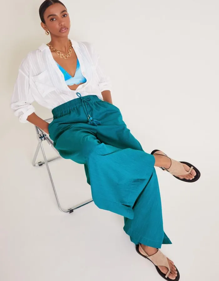 Monsoon Yara Plain Wide Leg Trousers Teal Women Beachwear and Swimwear