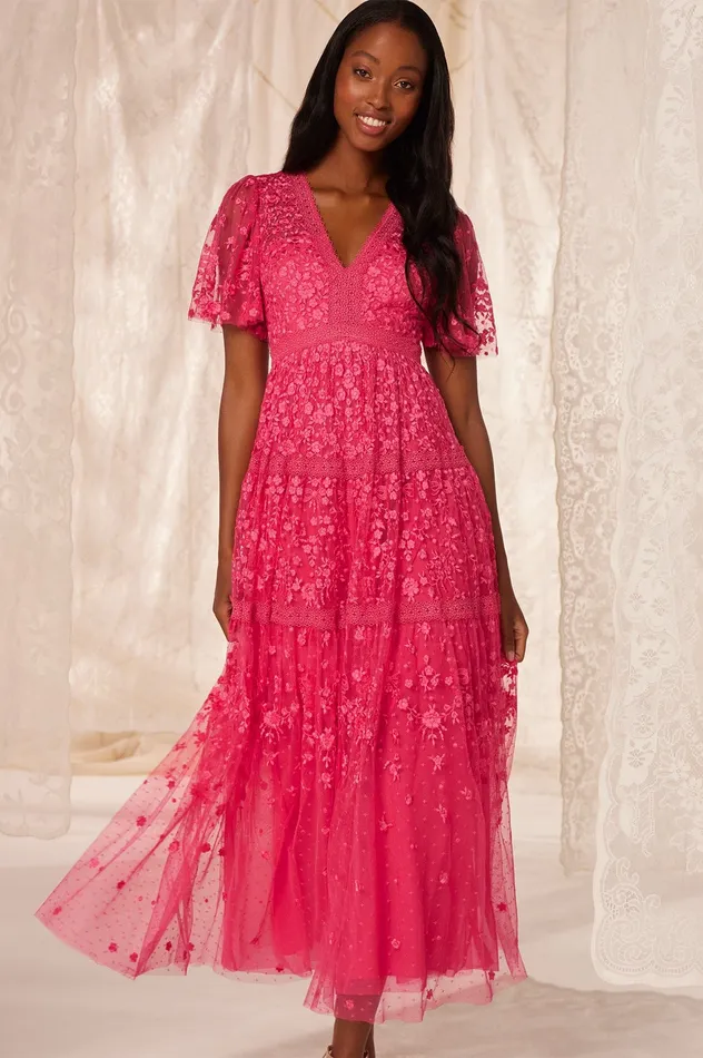 Needle and Thread Celestia Ribbon Short Sleeve Ankle Gown Pink Women Embroidered Dresses Needle and Thread Celestia Ribbon Short Sleeve Ankle Gown Pink Women Embroidered Dresses