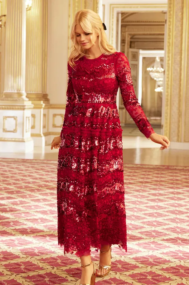 Needle and Thread Chantilly Sequin Ankle Gown Red Women Embellished Dresses
