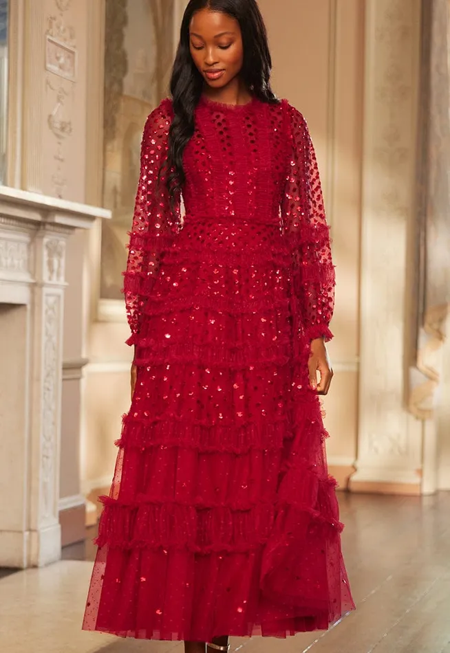 Needle and Thread Dot Shimmer Ankle Gown Red Women Embellished Dresses